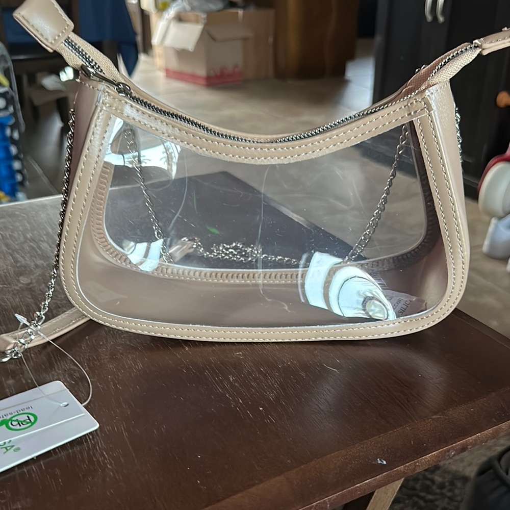 Tan Crescent Shoulder Bag with Transparent Panel